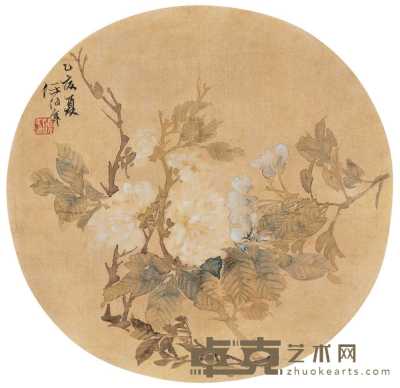 任伯年 乙亥（1885）作 山花图 圆光 直径28cm